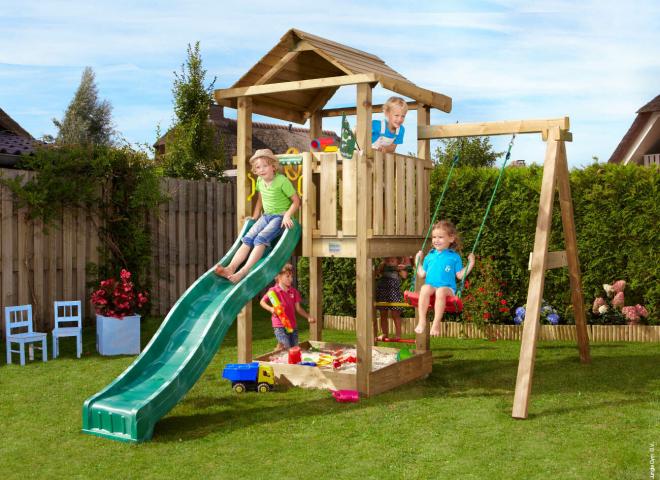 childrens wooden playhouse with slide and swing