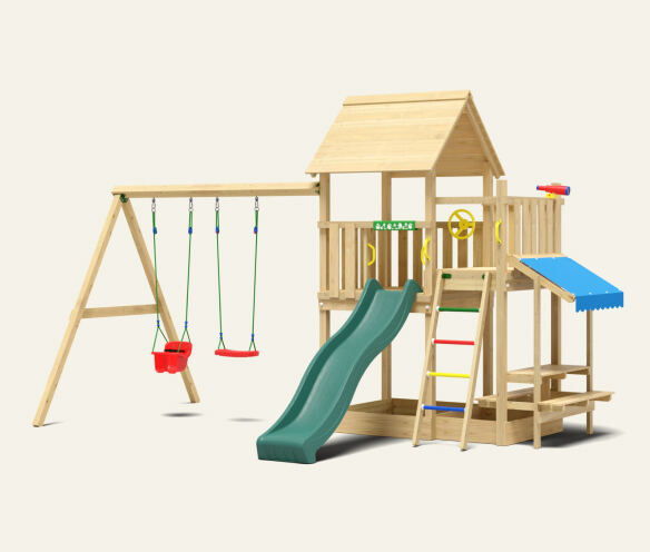 Garden climbing frame with swings and slide